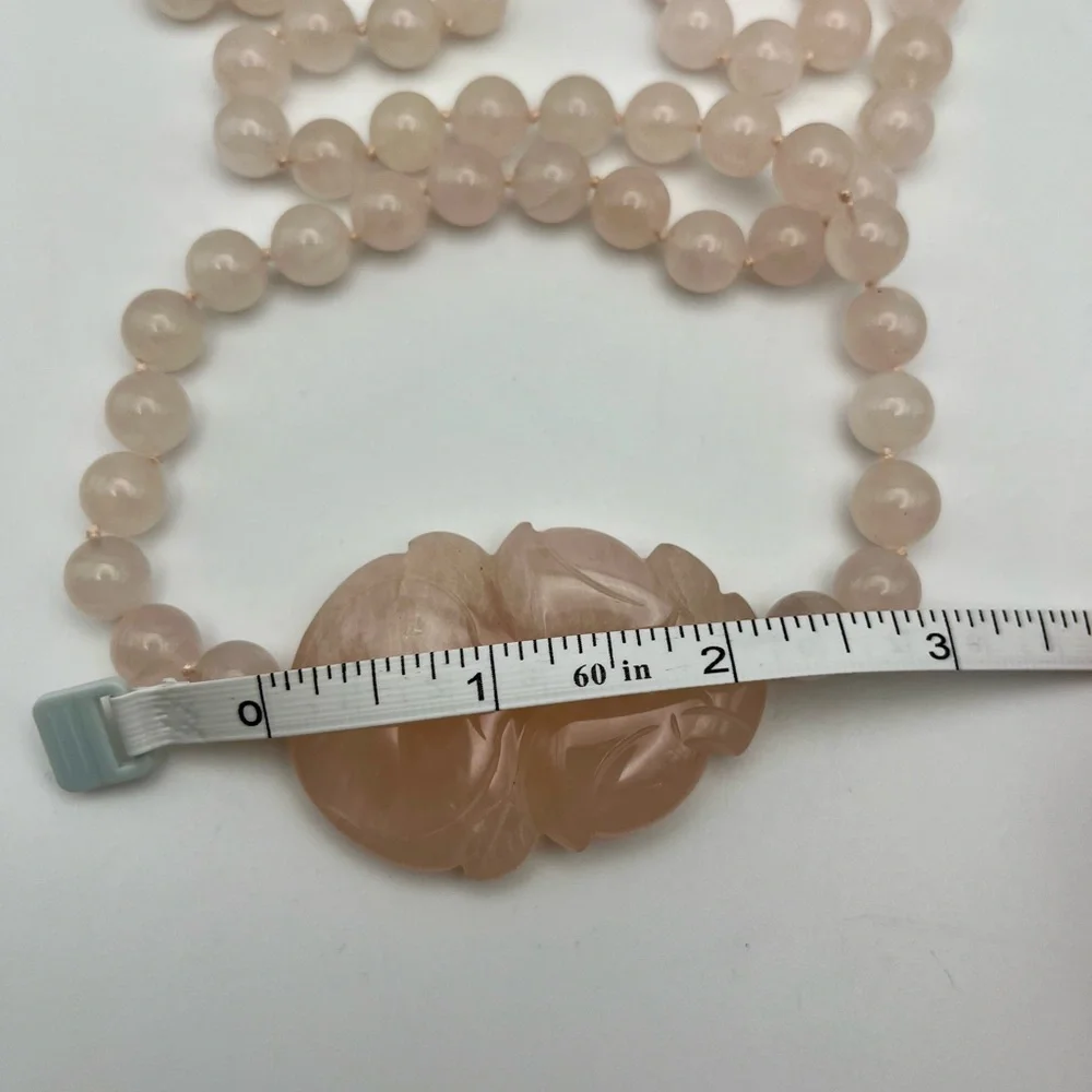 Vintage Chinese Rose Quartz Hand Knotted Mala Lotus Necklace - Picture 4 of 8
